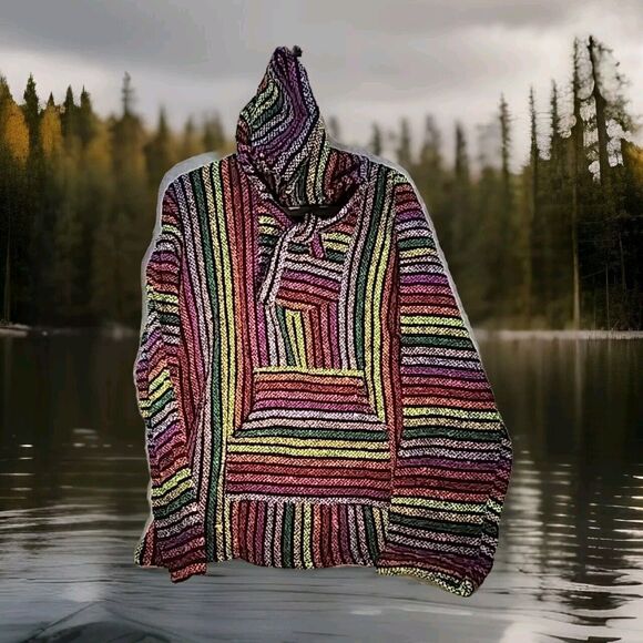 Artesanias Unisex Hoodie Large Bright Colorful Stripes Boho Hippie Aztec Neon - Picture 3 of 11